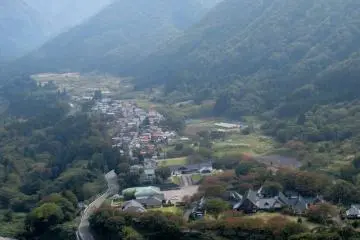 A closer view of the village at the mountain base