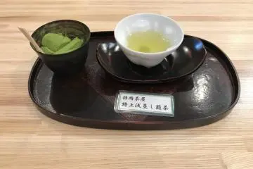 Samples of green tea and warabi mochi dusted in matcha powder 
