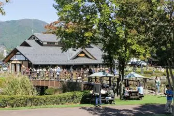 A bridge runs over the lake in the middle of the roadside station.