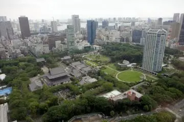 Bird's eye view of Shiba Park. The tomb is located beneath the little grove to the left of Prince Park Tower on the right.