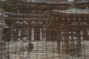 The Kannon-do, the main hall of the temple filtered through the sudare (Japanese traditional blinds)