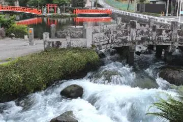 The flowing river along the right side of the shrine