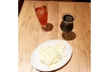 Otsumami cheese, stout, and pomegranate tea