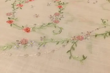 Fabric made in Japan, hand embroidered in Vietnam. Cotton woven to look like linen.