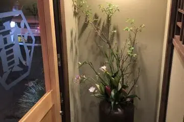 Beauty at the door, flowers and blossoms in a vase