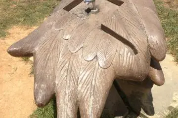 <p>A couple of the water drinking fountains at Misato Park are designed as wings; this is the left wing</p>