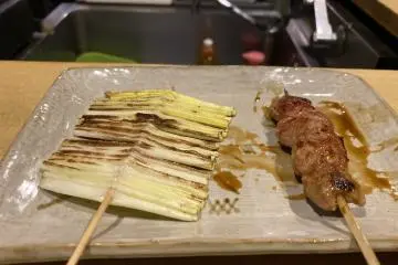 Grilled leek and chicken thigh