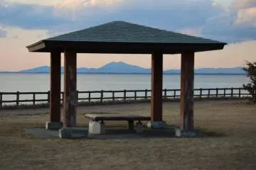 Mount Tsukuba framed by Japanese-style gazebo (azumaya)