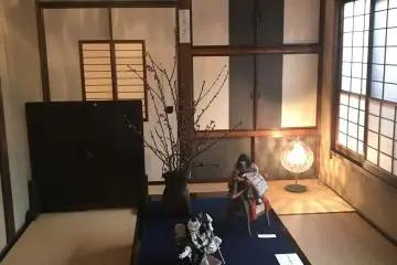 Tearoom (Chashitsu) with upside down boat shaped ceiling made of wide yakusugi