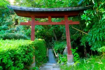 Red gates contrast beautifully with the greenery.