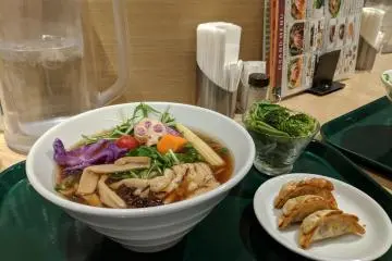 Veggie topped ramen, and vegan gyoza at T's Tantan
