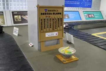 Baggage claim area, complete with a display bowl of sanuki udon, a famous regional dish (Photo: <a href="https://commons.wikimedia.org/wiki/File:Takamatsu_Airport_Baggage_Claim_belt_conveyor_Sanuki_Udon_menu.JPG" target="_blank" rel="noreferrer noopener nofollow">Rsa / CC By SA 3.0</a>)