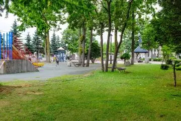 There is plenty of grass space to lay a blanket in the park, most of which is covered by trees to provide nice shade