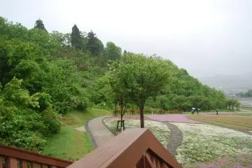 On clear days, you can see the surrounding three famous mountains of Echigo.