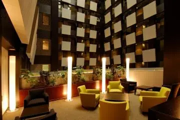 Business center with stunning interior lobby backdrop