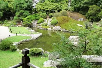 A view of the garden from the porch of the temple