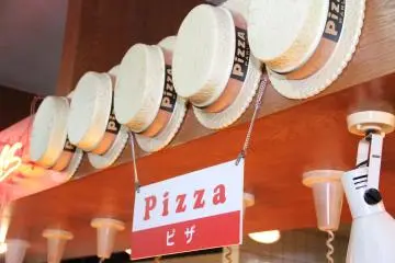 Shakey's pizza hats line the walls