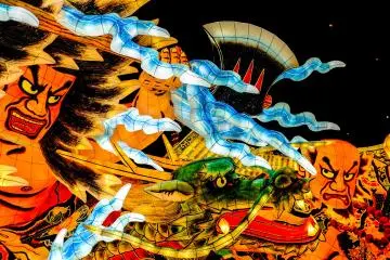 Towada Lake Legend: Hachinotaro & Nansobo Monk by artist Renmei Kitamura depicts a fight over the position of Lake Towada