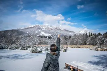Looking over nearby Imori Pond towards Mount Myoko