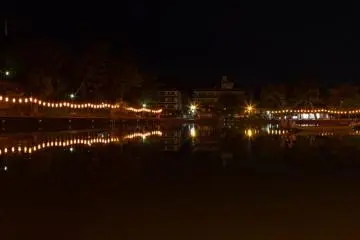 A view of the illuminated pond just a minute from the hotel