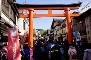 Busy street with torii in Kyoto leading to Fushimi Inari Taisha