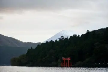 The Hakone shrine torii with Mount Fuji in the background