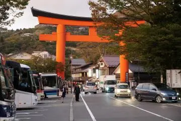 A street with a large torii in Hakone