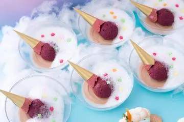 Uniquely presented chocolate mousse and cassis cake