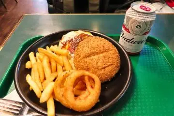 Lucky Pierrot Cheese Burger, Fries and Onion Rings 