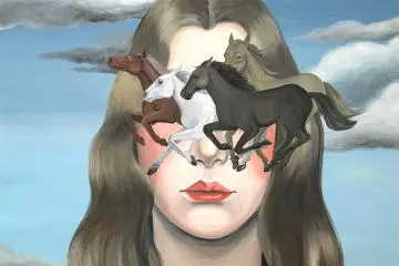 People's eyes are covered with plants, animals, and buildings in her art