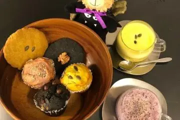 Seasonal pumpkin, purple sweet potato, and charcoal powder infused goodies