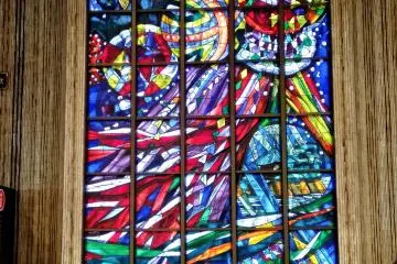 The famous second floor "stained glass" meeting spot features Date Masamune, Tanabata decorations and a Matsushima temple. 