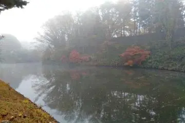 The hazy fog reflects only silhouettes instead of colors in the moat