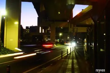 After sunset, walking under the Metropolitan Expressway Bayshore Route (首都高速湾岸線 Shutokōzoku wangan-sen) in Naka-ku