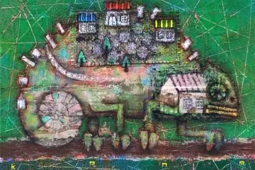 "Mountain of Change-Chameleon" is one of Kanamaru's works that features burlap on its surface 