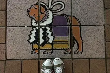 There are interesting examples of pavement art along the road