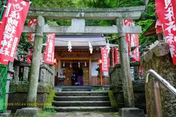 The torii and the prayer hall at the top of the steps