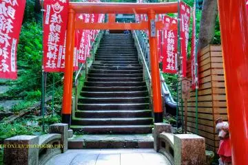 Stone steps flanked by torii and banners