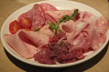 A plate of sliced sausage meat