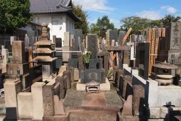 A typical Japanese tombstone, with soto-bas placed behind it.