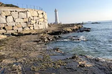 The rocky shore on the other side of the lighthouse has many rock pools