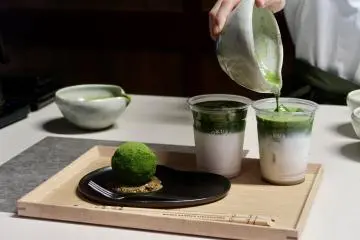 Matcha lattes with ROKUSAI’s signature “moss” cheesecake