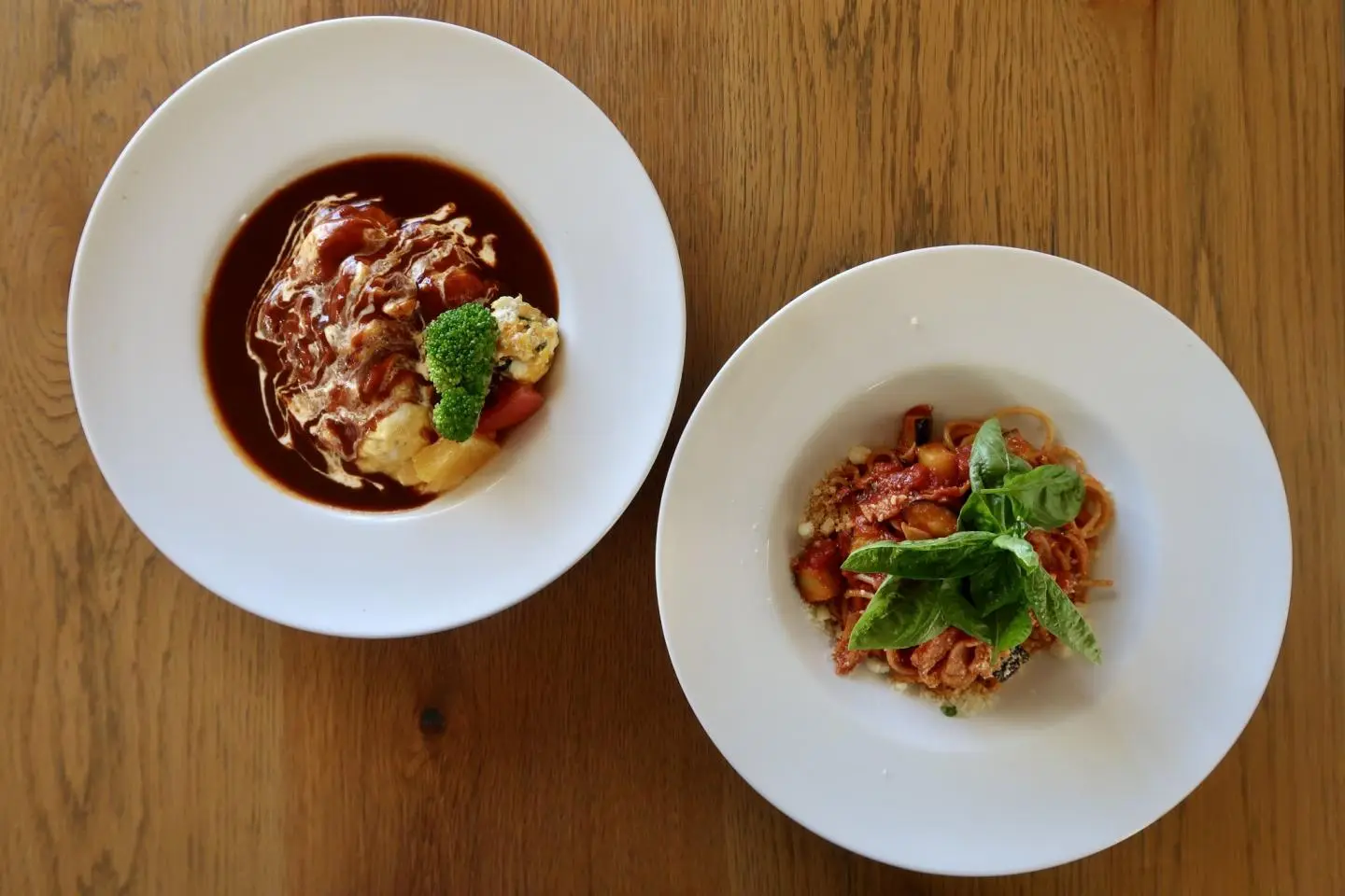 Omurice (left) and eggplant-bacon-tomato pasta (right)