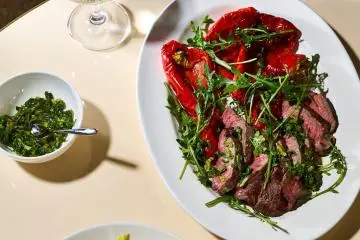 Seared rump steak, roasted red peppers and wild rocket, salsa verde