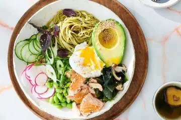 Chilled green tea noodles, sesame avocado, house pickles, jammy egg and warm shiitake dashi (a vegan option is available)