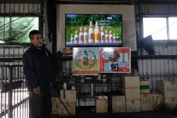 Toshio Sakimoto, the owner of Sakimoto Sake Distillery, gives a presentation to whoever wants to learn about Awamori. The corporate video is available in Japanese, English, Korean, and Chinese.