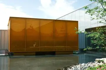 The colored boxes house the exhibitions