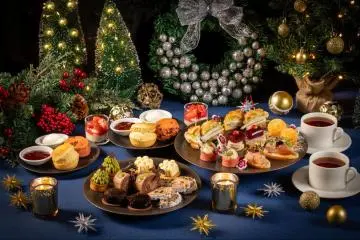 A close-up of festive afternoon tea dishes