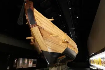 A recreation of the bezaisen wooden sailing ship used to transport goods