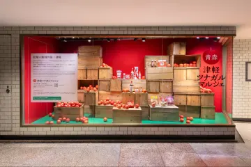 Tsugaru apple boxes on display in Matsuya Ginza